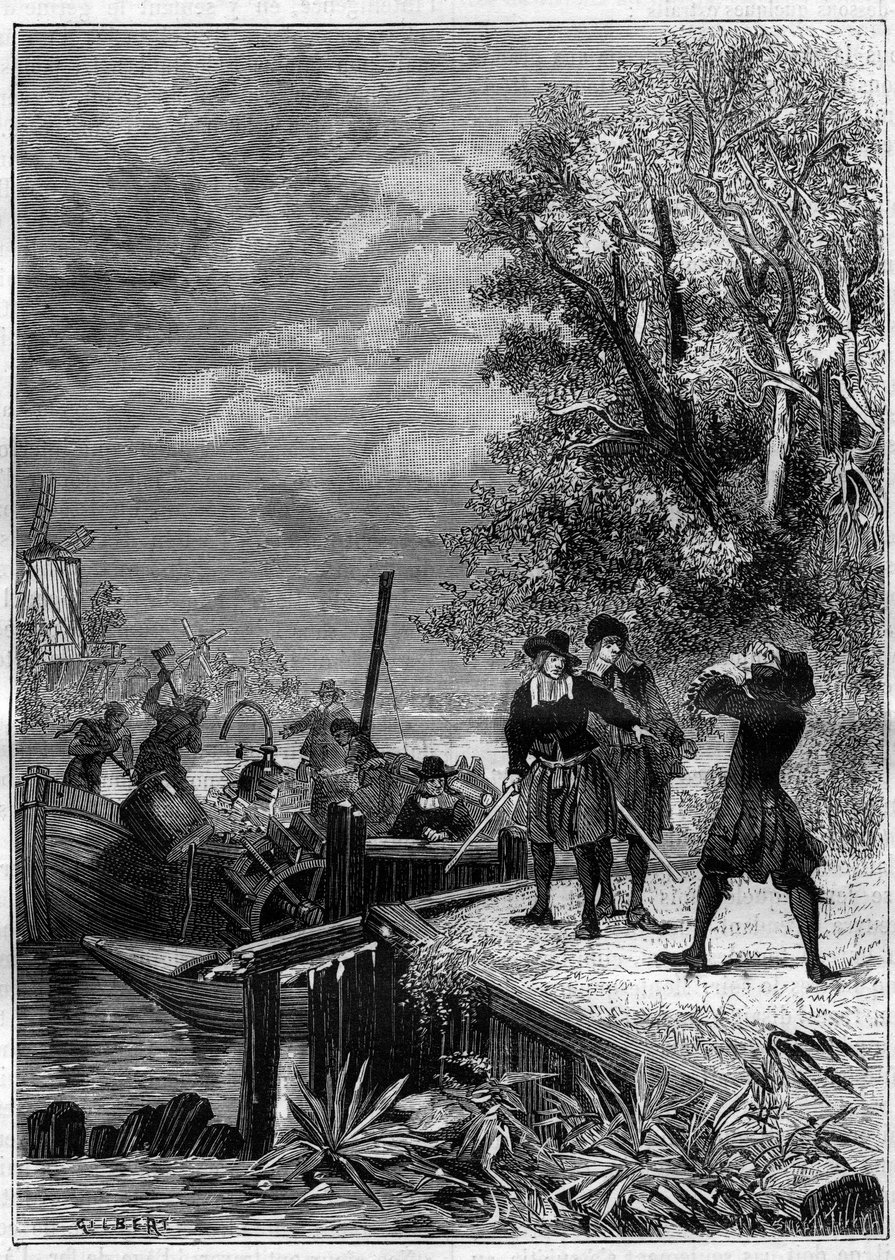 Denis Papin (1647-1712) físico, matemático e inventor francés, observa su barco equipado con su nueva invención, un sistema de máquina de vapor aún desconocido, destruido por barqueros para vender algunas piezas. Grabado en "La Nature" de Unknown artist