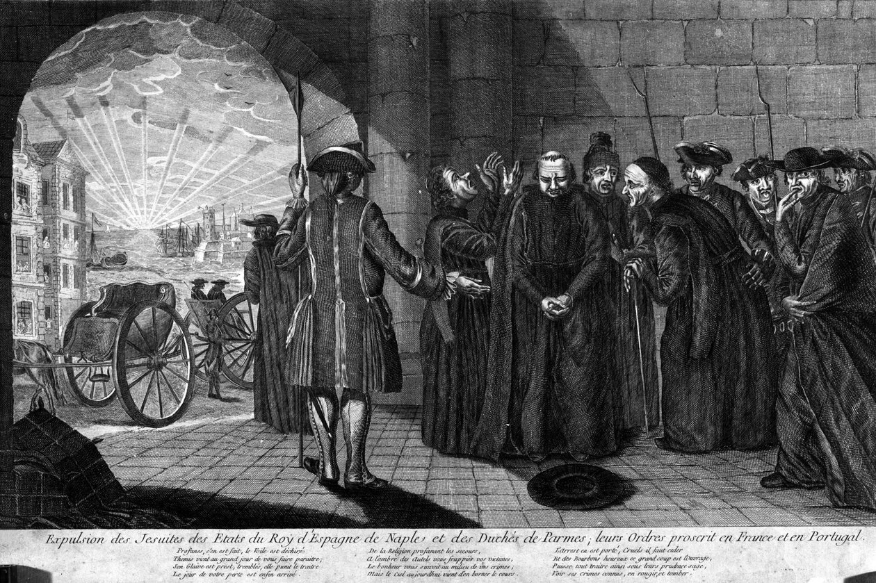 Deportación de los Jesuitas el 21/07/1773: Expulsión de los Jesuitas de los estados del Rey de España, Nápoles y el Ducado de Parma, sus órdenes prohibidas en Francia y Portugal. Grabado de principios del siglo XIX de Unknown artist
