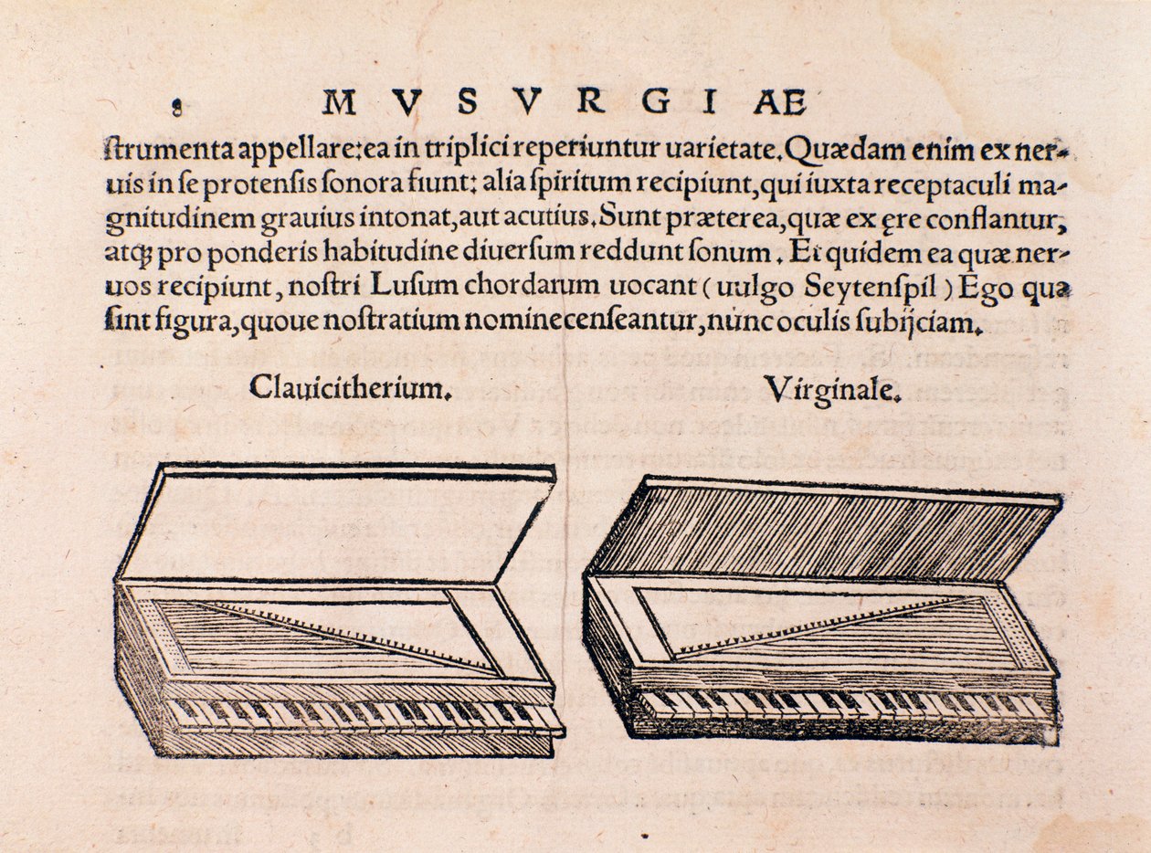 Descripción de clavicémbalo y espineta. Página de Musurgia seu praxis musicae de Unknown artist