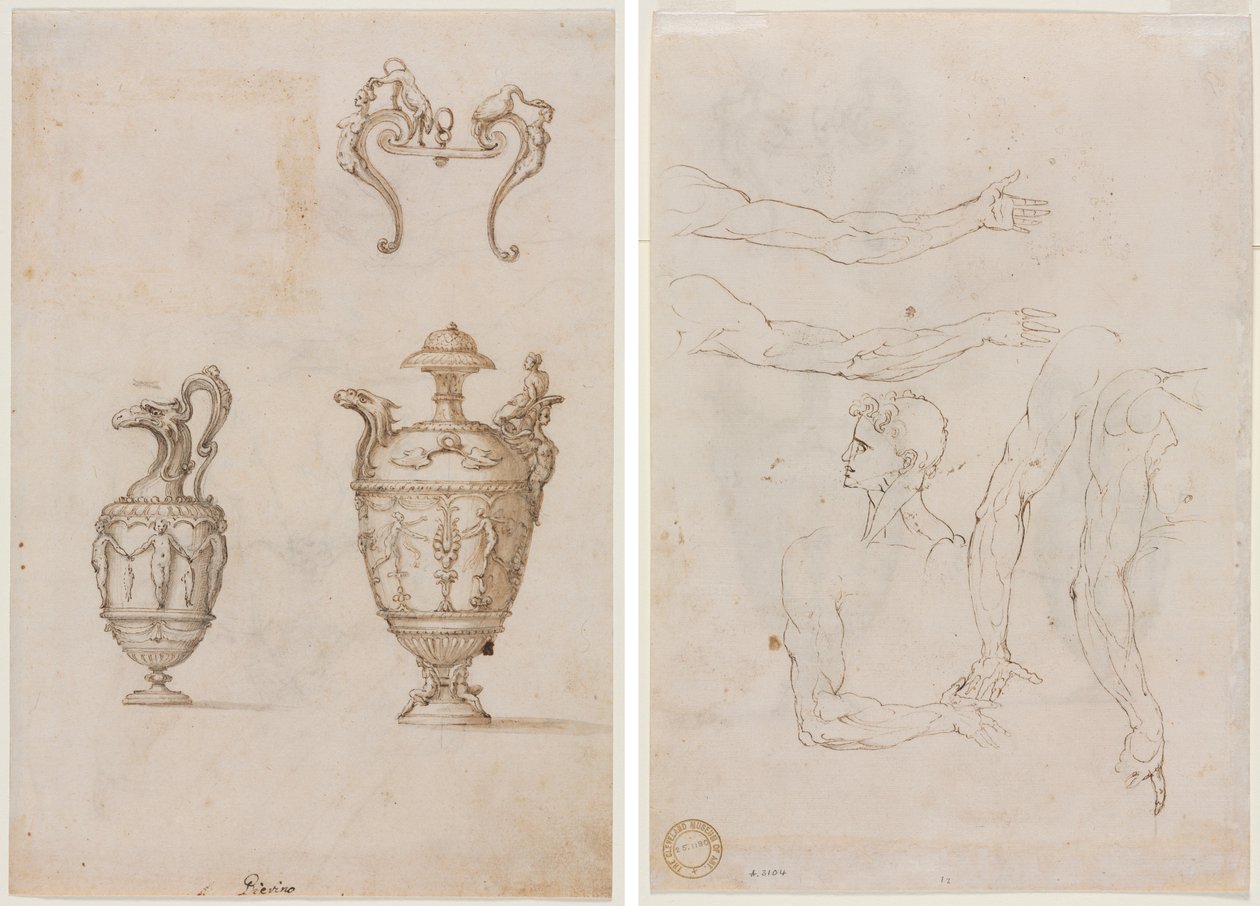 Diseño para dos jarrones y un adorno (recto); Bocetos de cinco brazos y una cabeza (verso) de Unknown artist