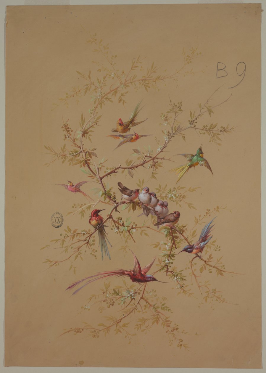 Diseño para papel tapiz y textil: Flores y pájaros de Unknown artist