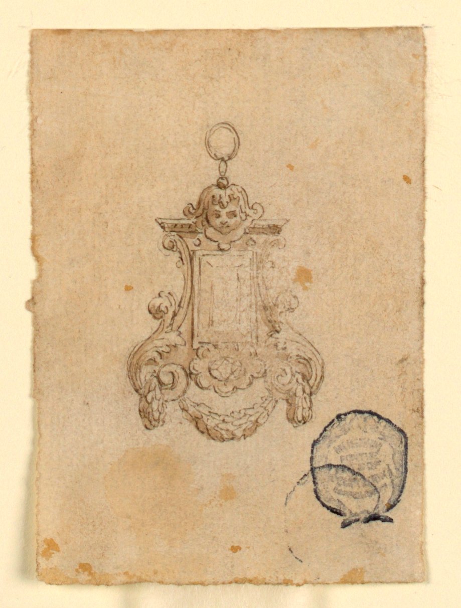 Diseño para un colgante con volutas de hojas y cabeza de niño de Unknown artist