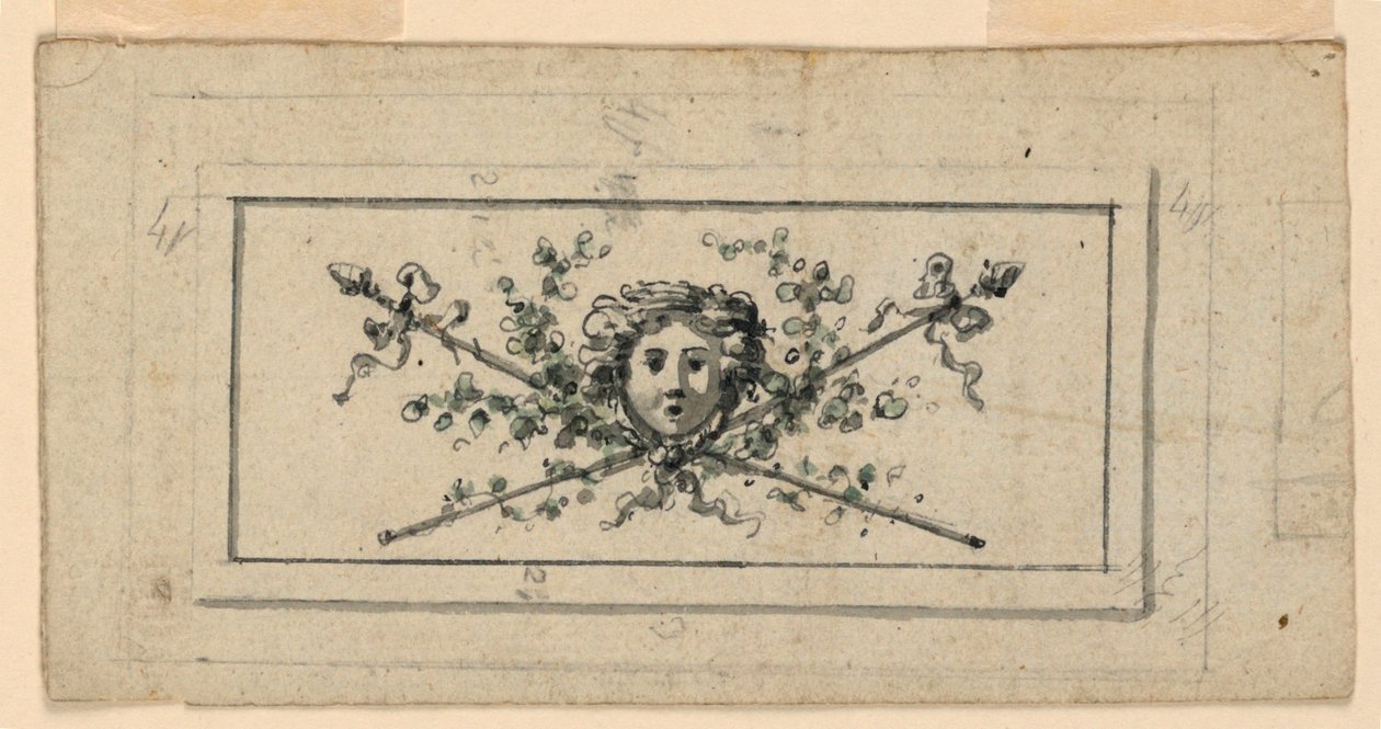 Diseño para un panel con una cabeza frente a dos tirsos cruzados de Unknown artist