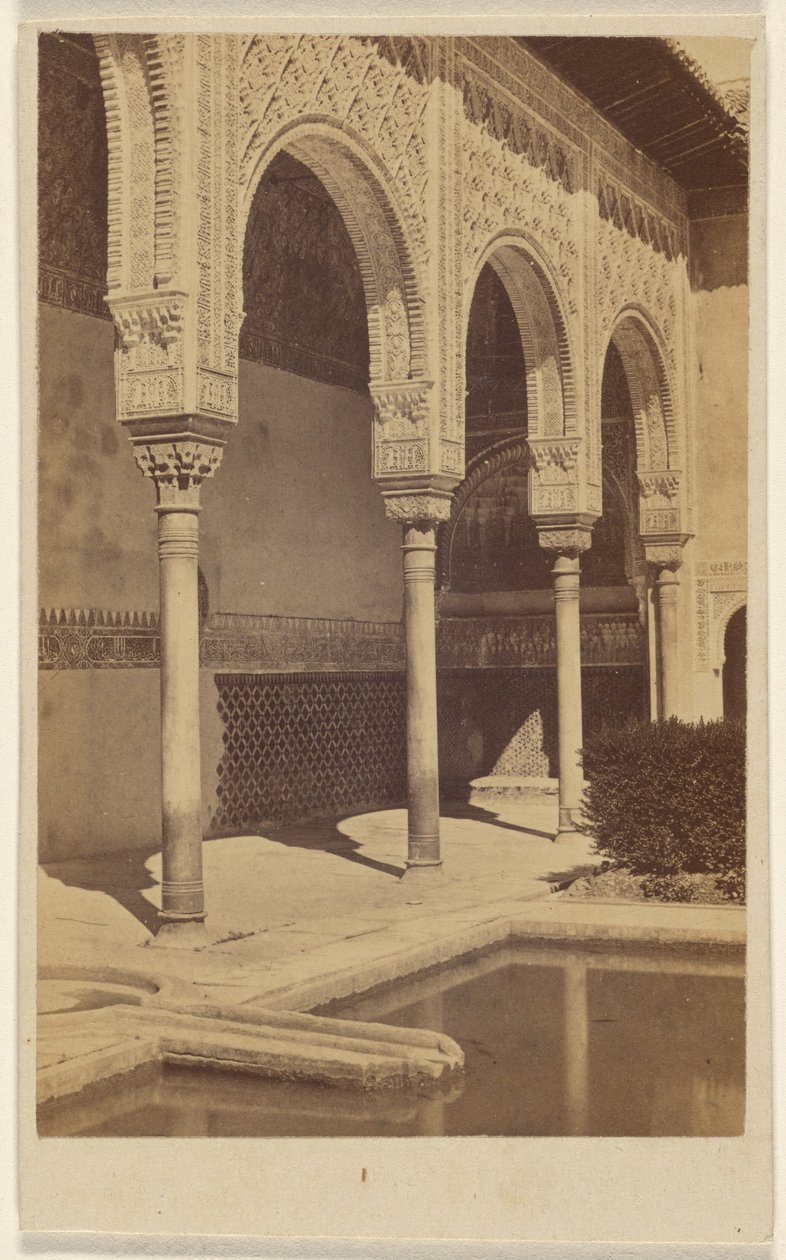 [Detalle de las columnas, con parte de la piscina reflectante visible, la Alhambra]. de Unknown artist