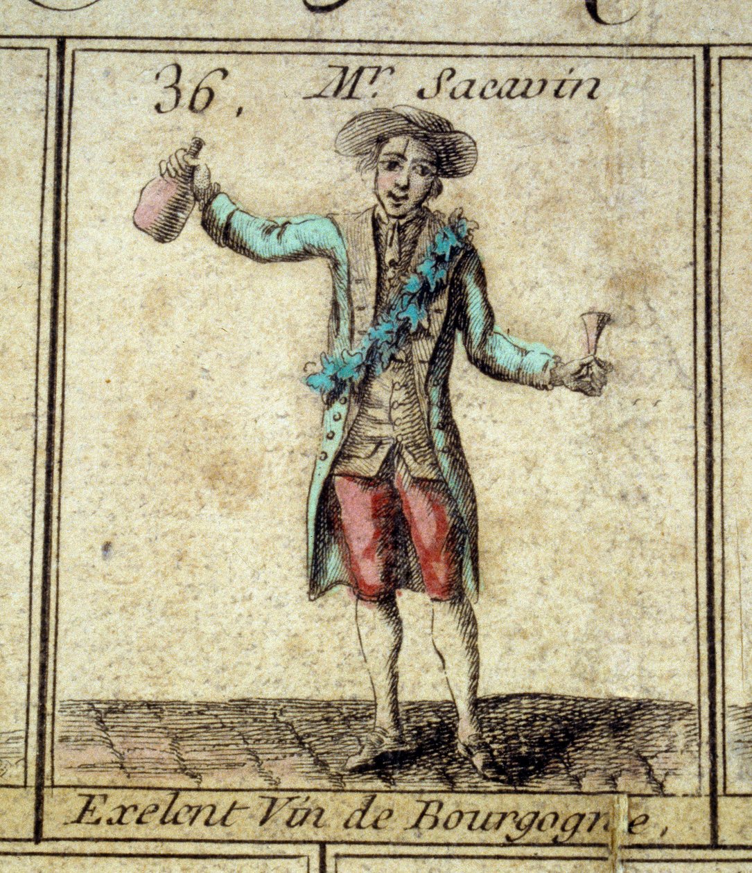 Detalle del juego de la Oca de los Gritos de París: Sr. Sacavin, bebedor de vino de Borgoña. Grabado del siglo XVIII de Unknown artist