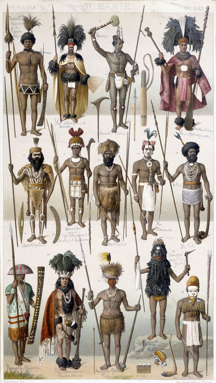 Diferentes trajes de guerreros de Oceanía. de Unknown artist