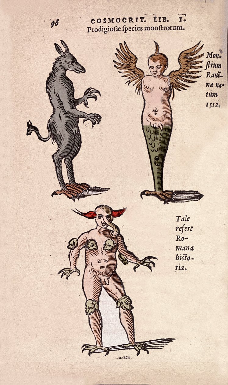 Diferentes monstruos y criaturas fantásticas de Cracovia y Rávena. Placa tomada de 