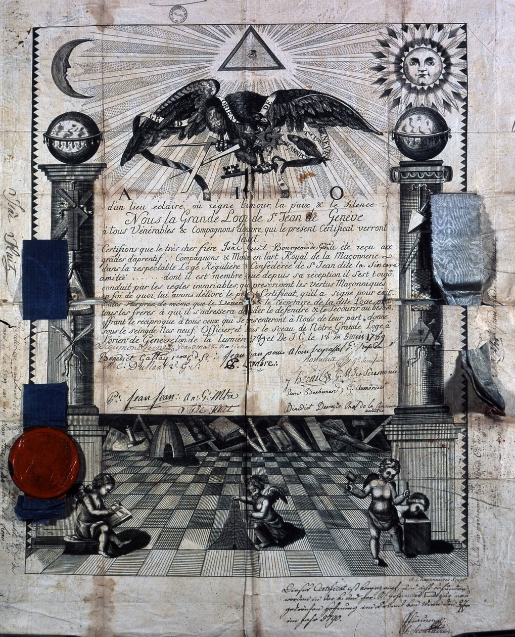 Diploma de Isaac Huit como Compañero y Maestro en el Arte Real de la Masonería, otorgado en 1789 por la Gran Logia de San Juan en Ginebra. de Unknown artist