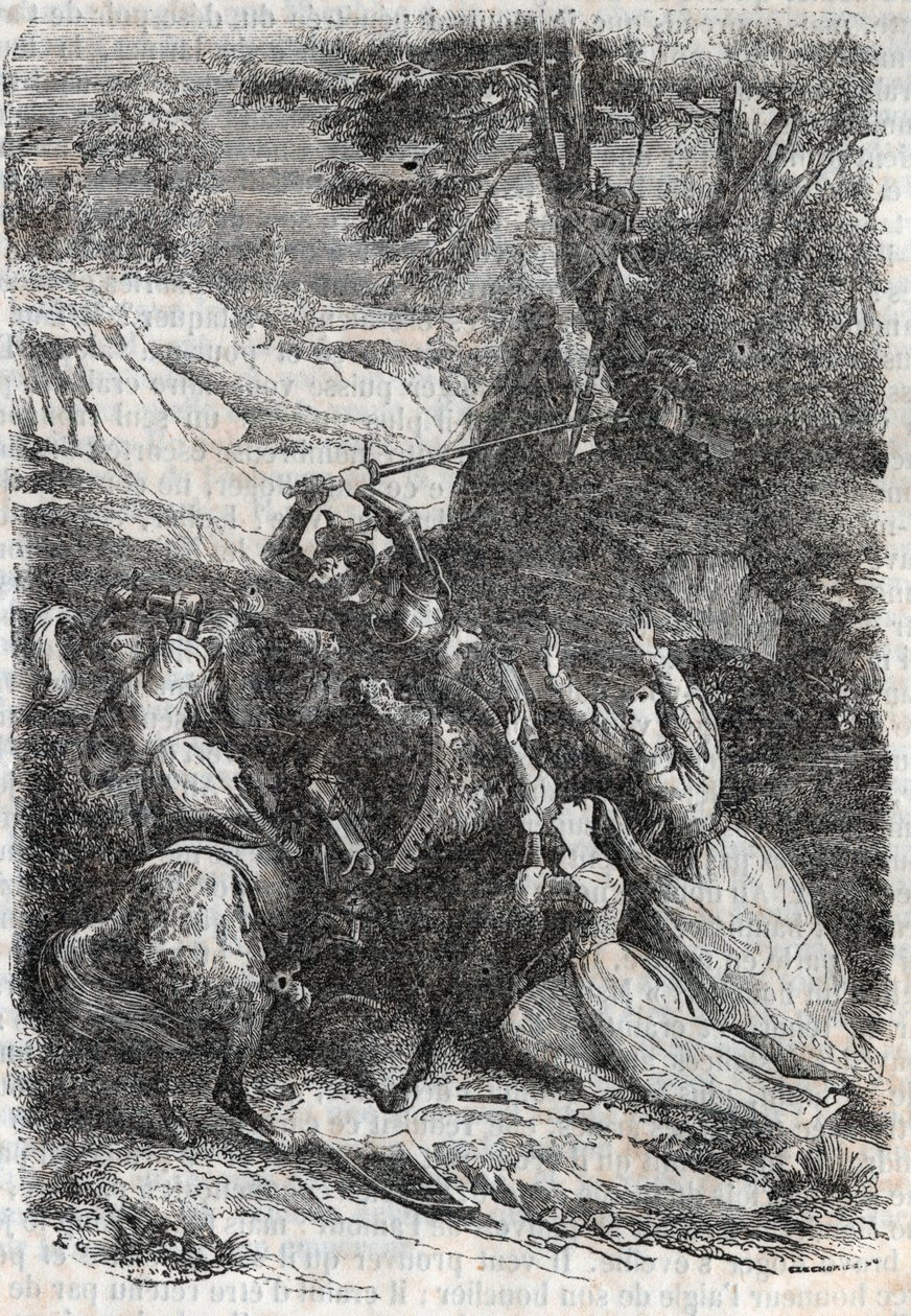 Doralice e Isabelle quieren separar a Mandricard y Zerbin - grabado de 1851 de “Roland Furioso” de Unknown artist