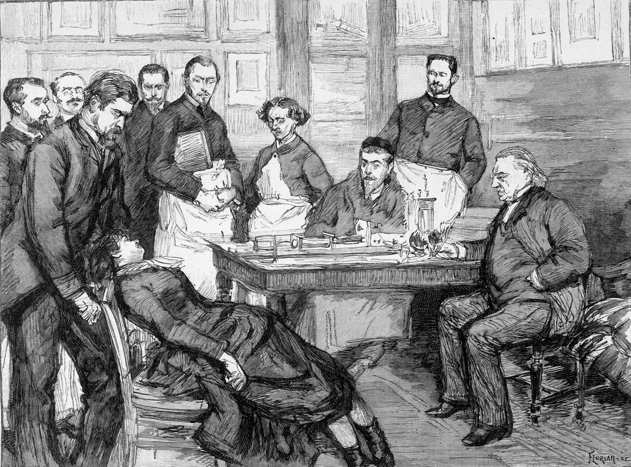 Experiencia del Dr. Jean Martin Charcot en un paciente en la escuela del hospital psiquiátrico de Salpêtrière. Biblioteca Charcot-Salpêtrière. de Unknown artist