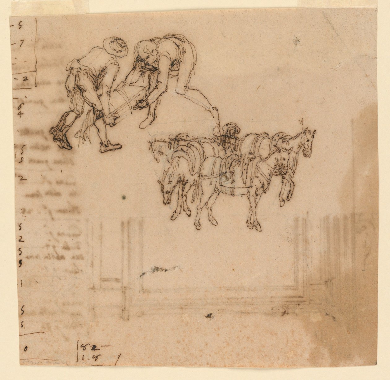 Dibujo: A) Dos hombres llevando un baúl; cuatro mulas con un conductor. B) Proyecto para un marco de Unknown artist