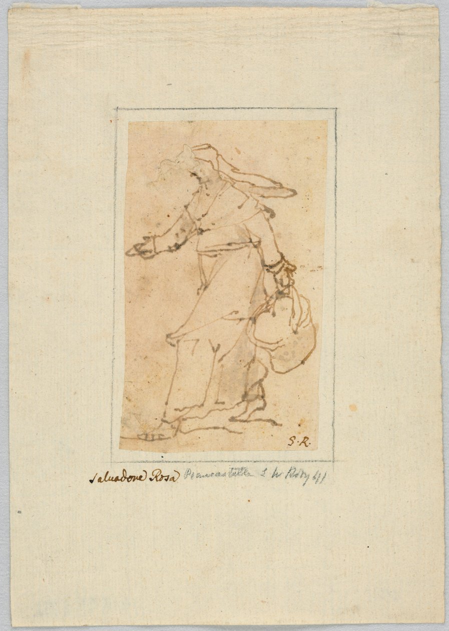 Dibujo: Boceto de una mujer caminando y llevando una cesta de Unknown artist