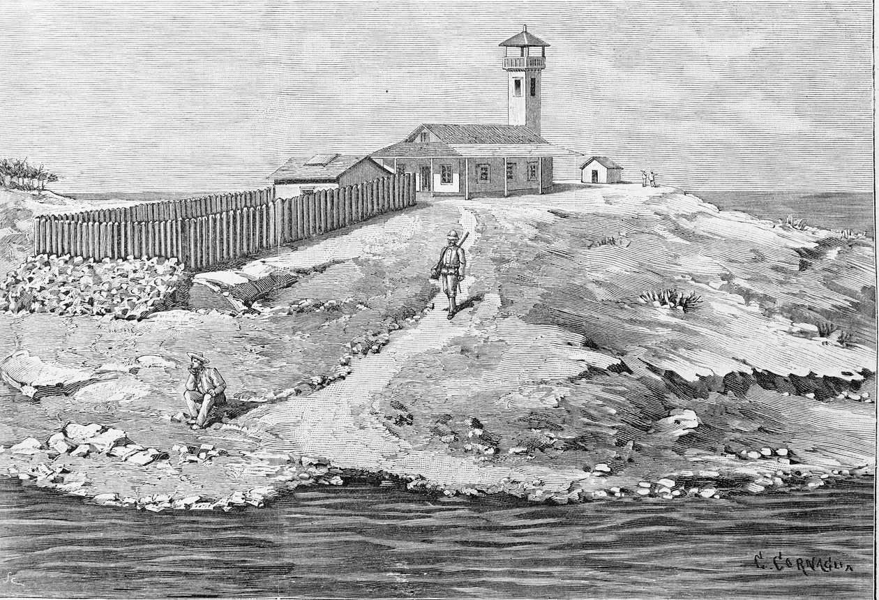 Caso Dreyfus: Capitán Alfred Dreyfus (1859 - 1935) deportado a la Isla del Diablo (1895 - 1899) en Guyana. Grabado. de Unknown artist