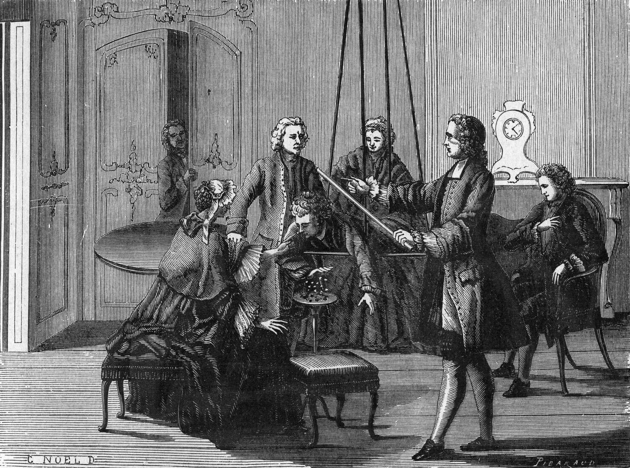 Experiencia de Dufay. Charles François Du Fay (1698-1739), químico y físico francés mostró que se pueden extraer chispas eléctricas del cuerpo humano. Grabado del Álbum de Ciencia. Francia, siglo XIX. de Unknown artist