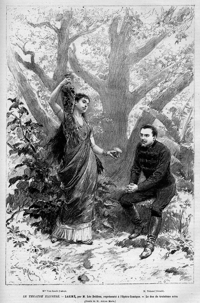 Dúo del tercer acto con la cantante Marie van Zandt de la ópera "Lakme" de Leo Delibes, Edmond Gondinet y Philippe Gille representada por primera vez el 14 de abril de 1883 en la Ópera Cómica de París. Grabado en "Le Monde illustré" 1883. Colección privada de Unknown artist