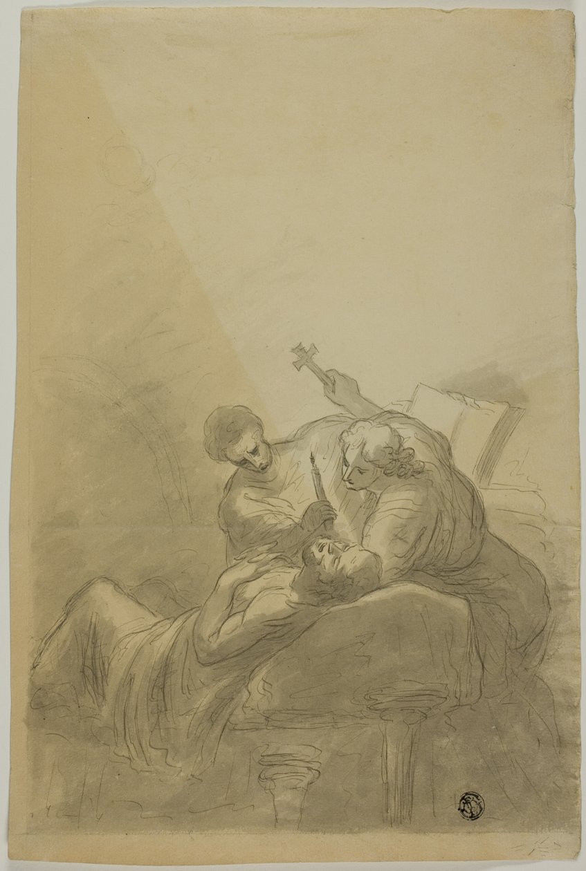 Hombre Moribundo Atendido por Dos Figuras Sosteniendo Vela, Libro y Cruz de Unknown artist