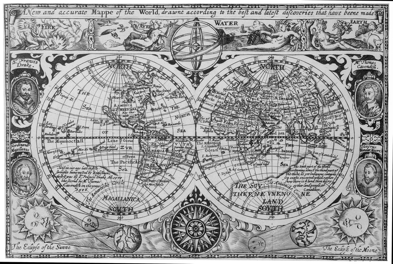 Mapa del mundo de principios del siglo XVII, según Mercator, con retratos de exploradores (Drake, Magallanes, Thomas Cavendish y Oliver van der Nort), elementos y eclipses. de Unknown artist