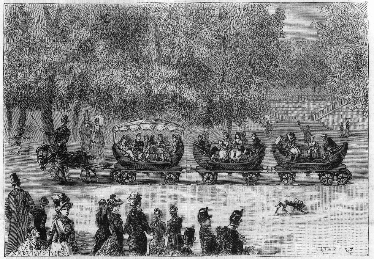Rieles sin fin adaptados a un tren de coches tirados por cabras en el Jardín de las Tullerías en París (por naturaleza). Grabado en "La Nature: revue des sciences et de leurs aplicaciones aux arts et a l