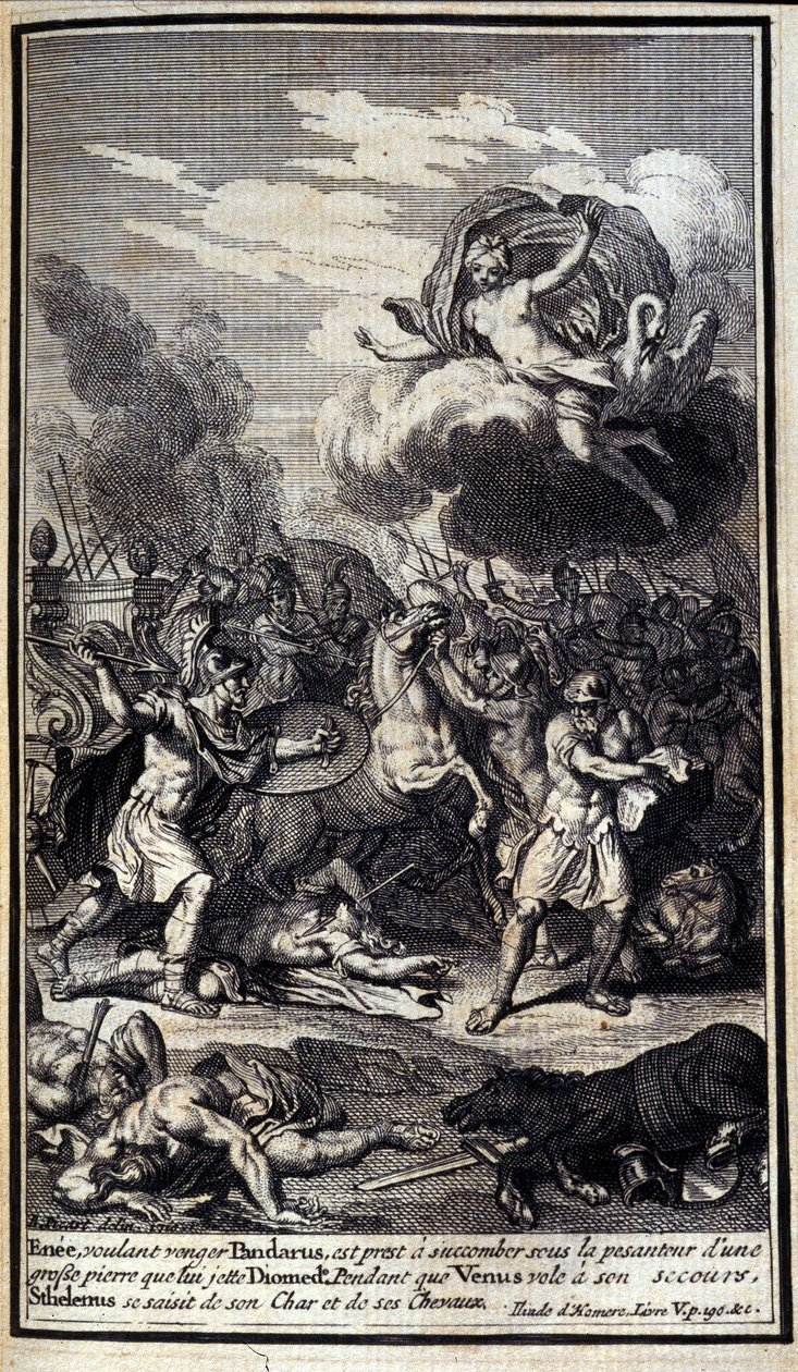 Eneas, queriendo vengar a Pándaro, está a punto de sucumbir bajo el peso de una gran piedra que Diomedes lanza. Mientras Venus vuela a su rescate, Esteleno agarra su carro y caballos. Ilustración del libro V de la Ilíada de Homero, edición francesa de Unknown artist