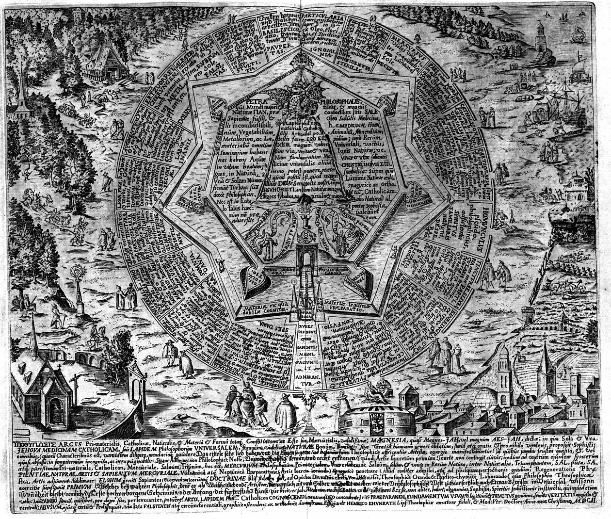 Grabado del “Amphitheatrum sapientiae aeternae” (Anfiteatro de la sabiduría eterna) [Hamburgo: s.n.] de Unknown artist