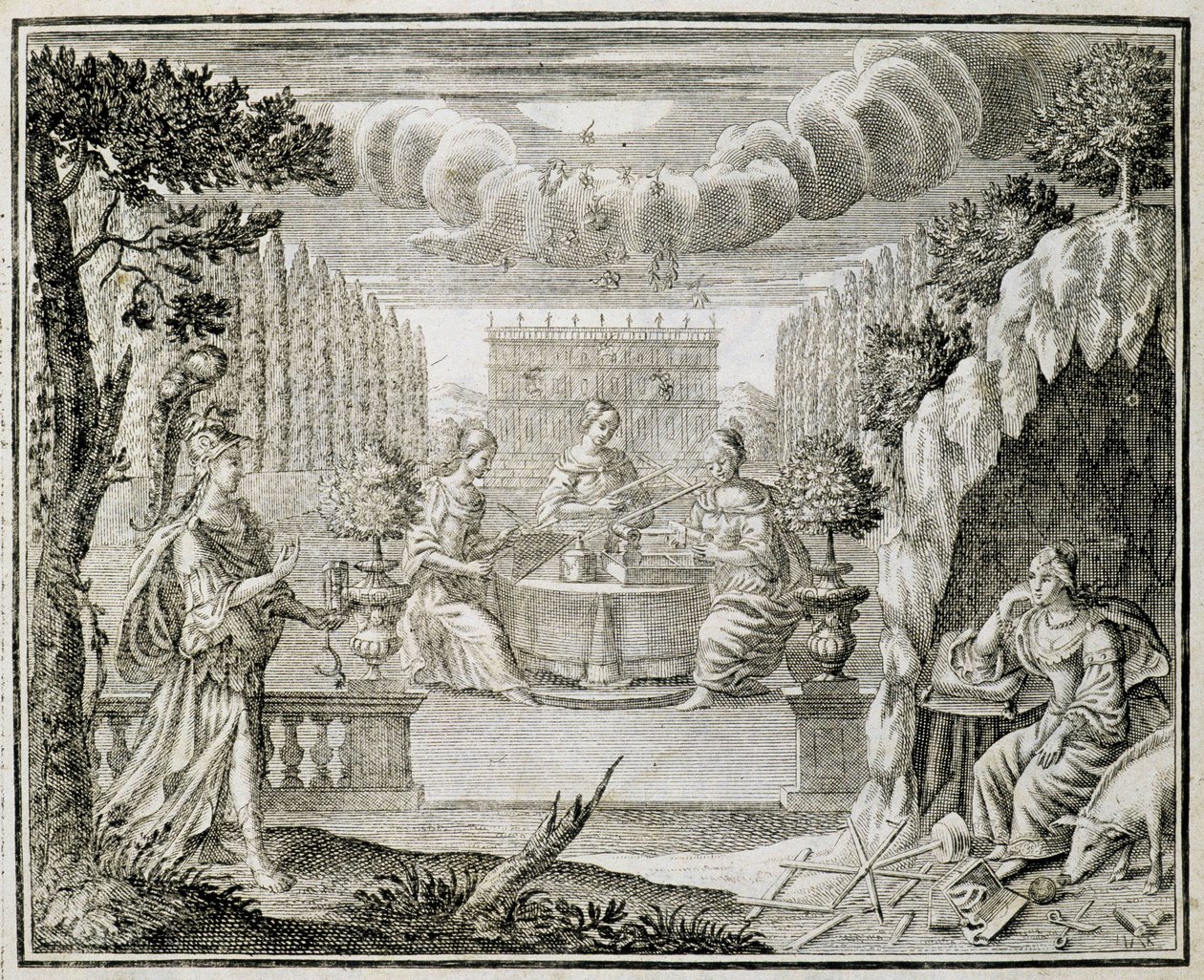 Grabado que representa a mujeres trabajando en un telar. Principios del siglo XVIII de Unknown artist