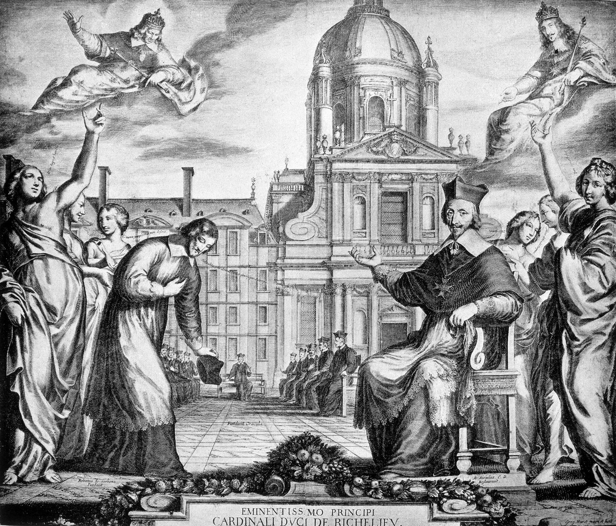 Grabado a la gloria del Cardenal Richelieu por el restablecimiento de la Sorbona en París, encargado a Lemercier, completado en 1642. de Unknown artist