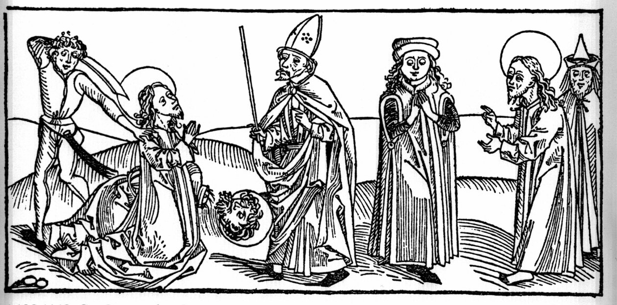 Episodio de la vida de Santiago el Mayor: el santo es decapitado bajo la mirada de Herodes Agripa, rey de Judea. Grabado de 