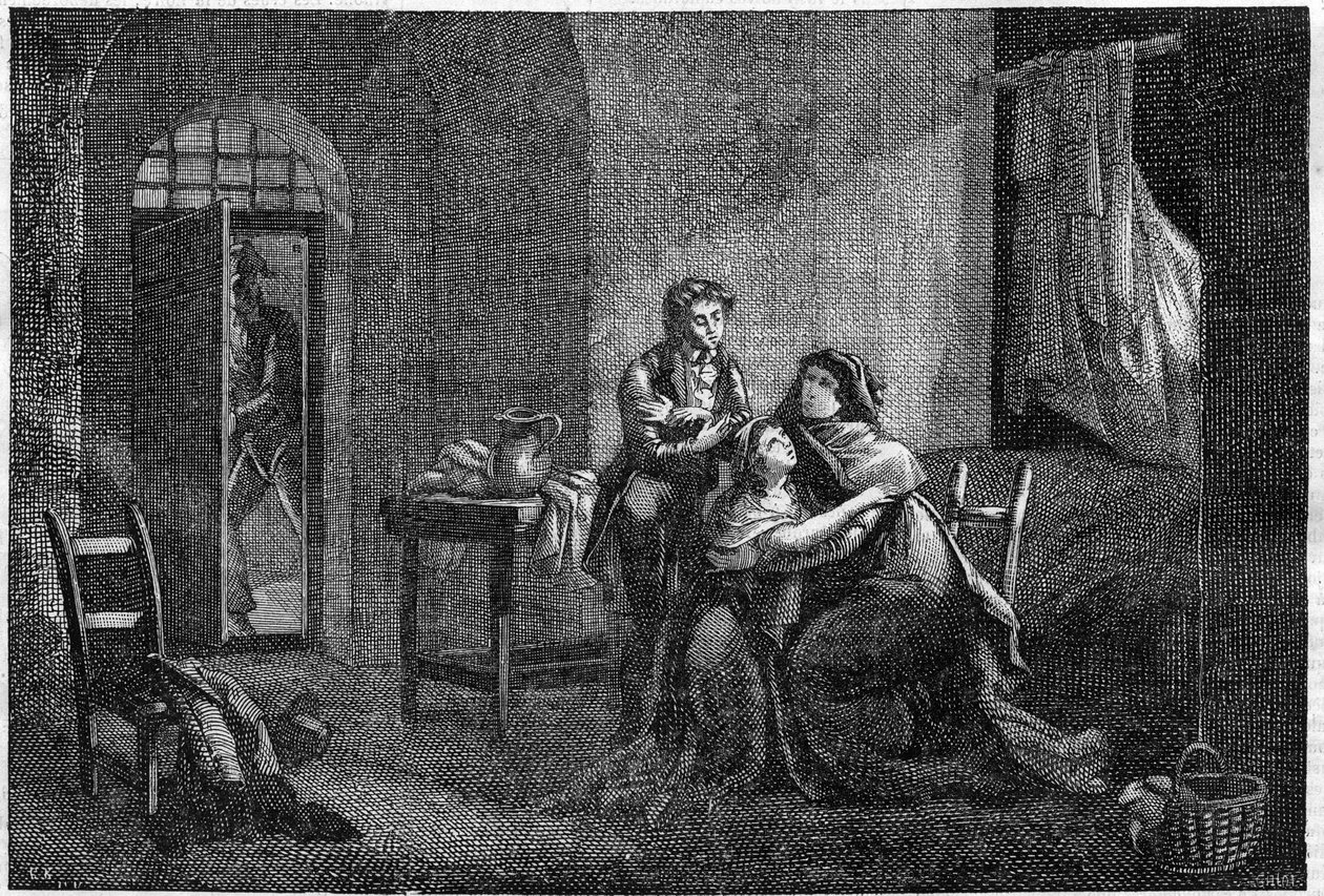 Eugene y Hortense Beauharnais consolando a su madre Josephine de Beauharnais en su prisión (Prisión des Carmes) de Unknown artist