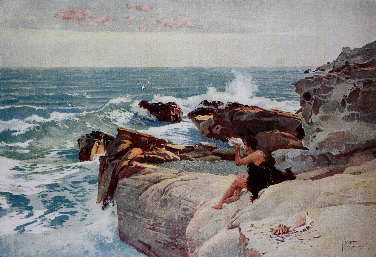 Tarde junto al mar, joven con una gran concha sentado en la orilla de Unknown artist
