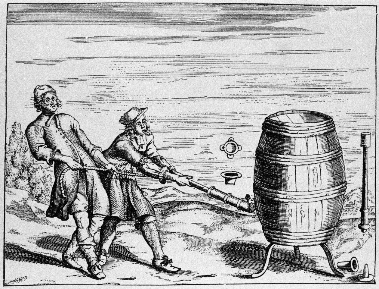 Experimento realizado por el científico alemán Otto von Guericke para calcular la presión atmosférica. Lámina tomada de 