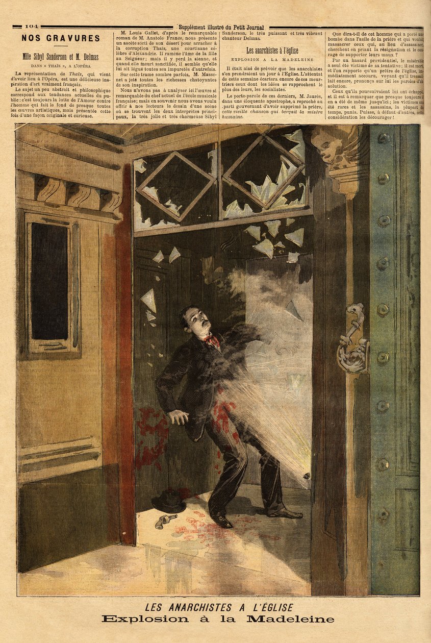 Explosión en la iglesia de La Madeleine en París, el criminal anarquista, la única víctima, sufre los efectos de su propia bomba. Grabado en "Le petit journal" 26/03/1894. Colección Selva de Unknown artist