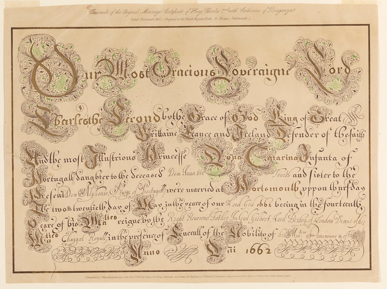 Facsímil del certificado de matrimonio original de Carlos II y Catalina de Portugal de Unknown artist