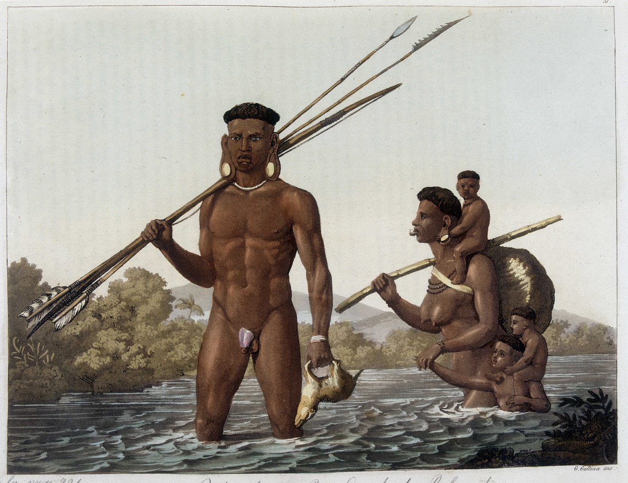 Familia de indios Botocudos regresando de la caza y cruzando el río Río Grande hacia Belmonte en Paraguay. En “El Traje Antiguo y Moderno” 1818-1820, por Ferrario. de Unknown artist