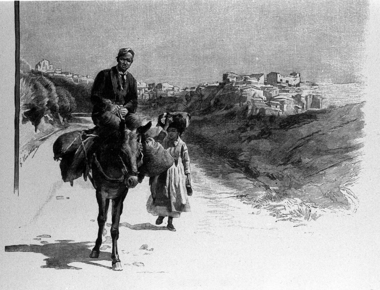 Familia viajando en el camino a Calatafimi, Sicilia. Grabado del siglo XIX de Unknown artist
