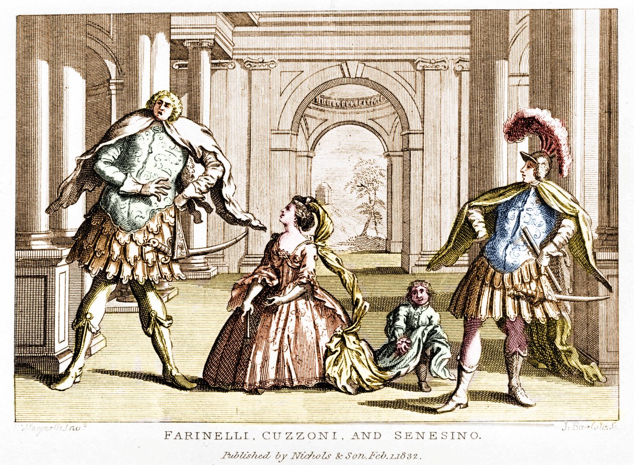 Farinelli (Carlo Broschi, conocido como; 1705 - 1782) con la soprano Cuzzoni y el castrato Francesco Bernardo Senesino (1680 - 1750) en la ópera de George Frederick Handel (Georg Friedrich Handel) de Unknown artist