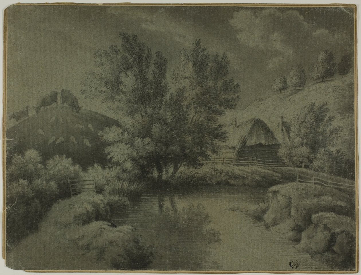 Granja con Estanque en Primer Plano, Vacas Pastando en la Colina de Unknown artist