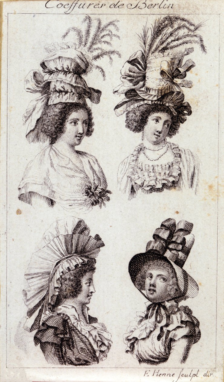 Moda del siglo XVIII: los sombreros de las mujeres de Berlín. Grabado de 1793. de Unknown artist