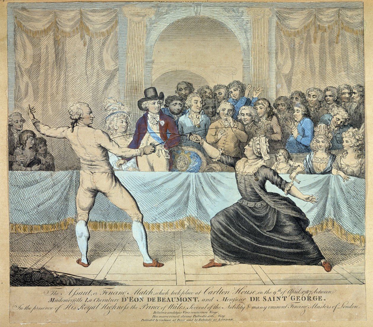Combate de esgrima entre el caballero de Eon de Beaumont y Monsieur de Saint George, 9 de abril de 1787. Grabado de Unknown artist