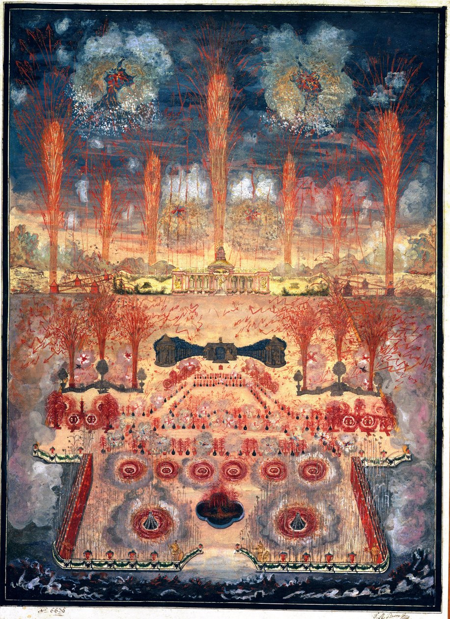Fuegos artificiales e iluminaciones el 16 de junio de 1744 en Moscú (Rusia). Obra anónima, acuarela y gouache sobre cartulina, mediados del siglo XVIII. arte rococó. Museo Estatal de Historia, Moscú. de Unknown artist