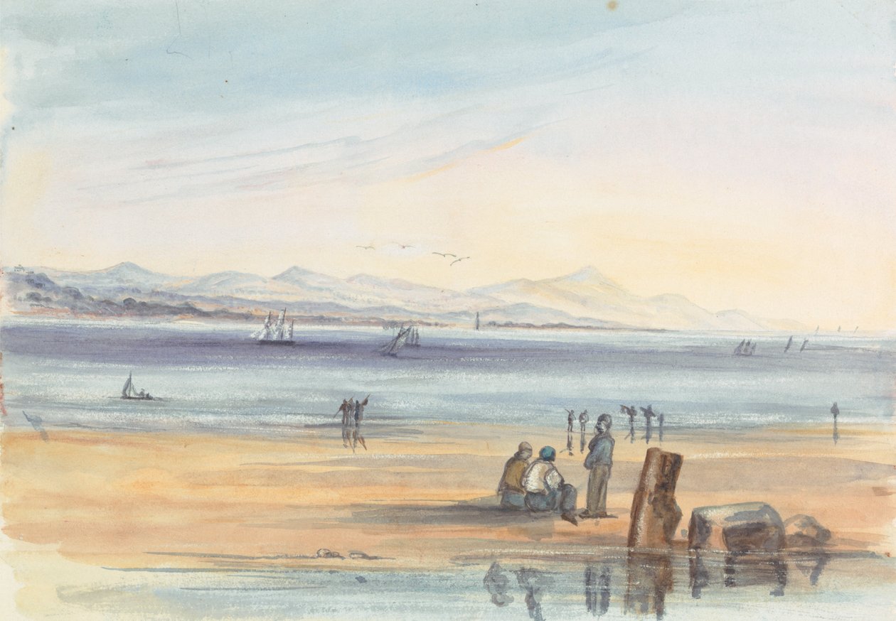 Figuras en una playa con montañas a lo lejos de Unknown artist