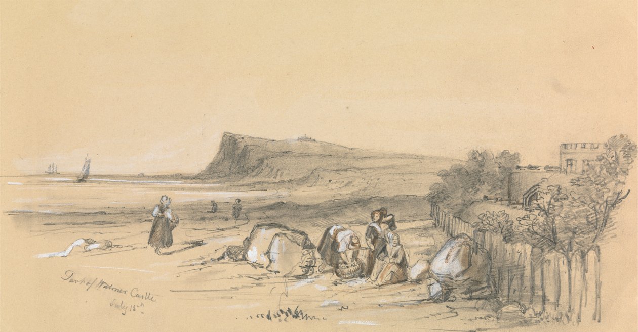 Figuras en una playa con el castillo de Walmer a lo lejos de Unknown artist