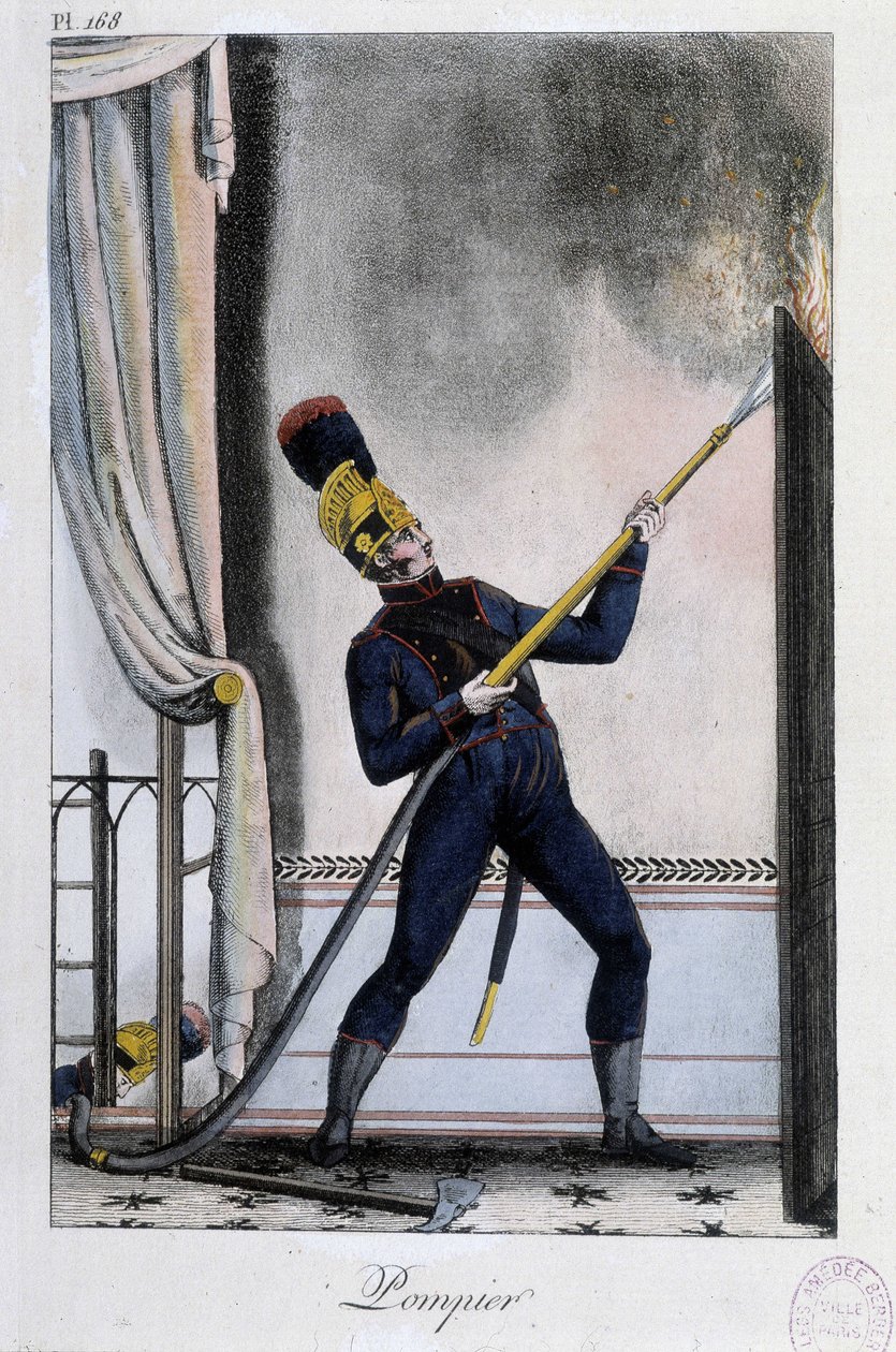 Bombero con lanza de agua, apagando un incendio - circa 1830 de Unknown artist