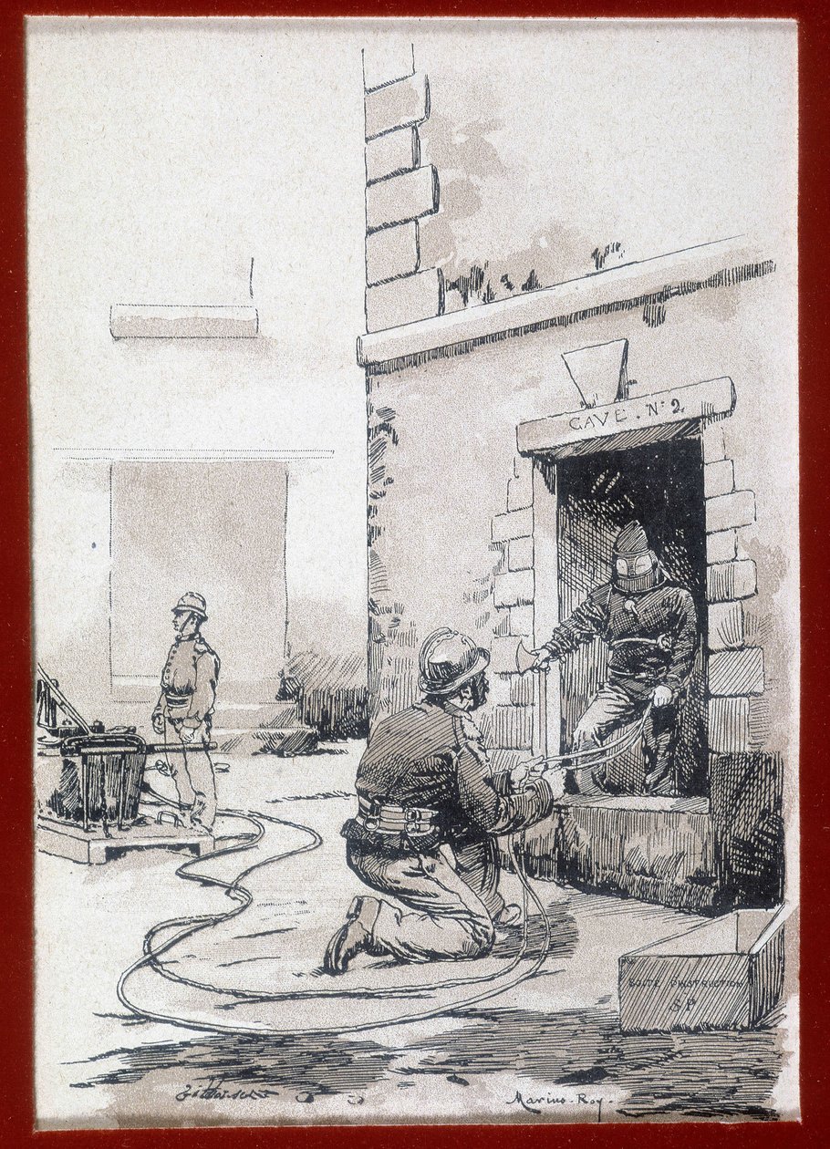Bomberos: aparato de incendios de sótanos. grabado s.d. siglo XIX de Unknown artist