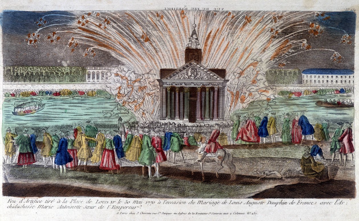 Fuegos artificiales disparados en la Plaza de Luis XV el 30 de mayo de 1770, con motivo del matrimonio de Luis Augusto, Delfín de Francia, con la Archiduquesa María Antonieta, hermana del Emperador. Grabado de finales del siglo XVIII. de Unknown artist