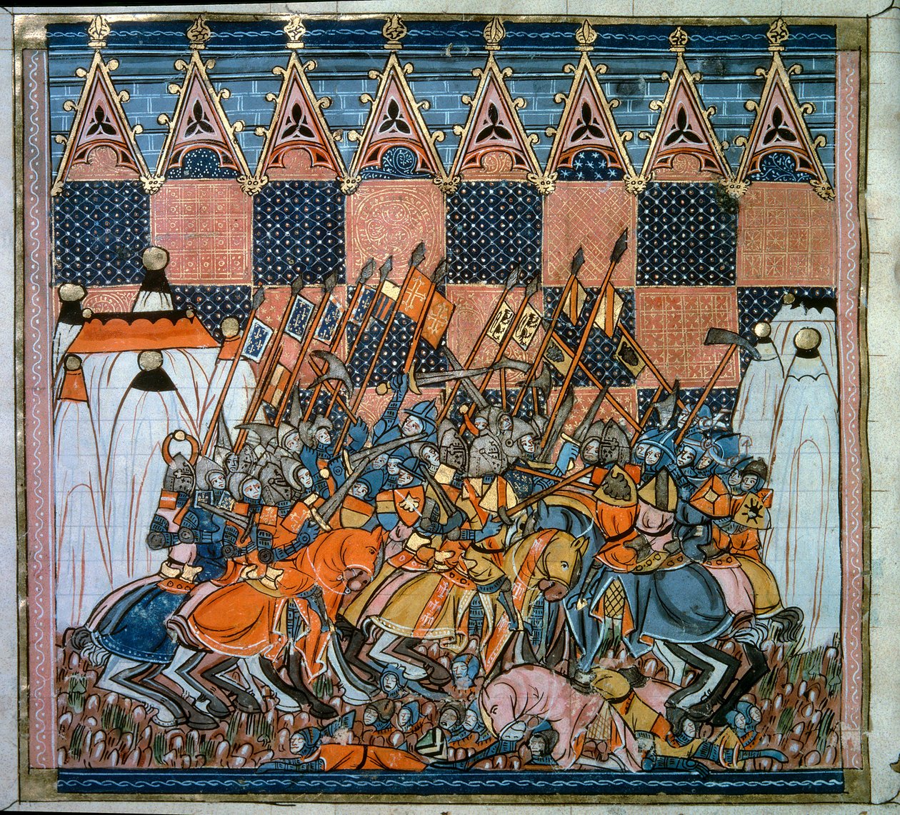 Primera Cruzada: el asedio y la captura de Jerusalén por los cruzados liderados por Godofredo de Bouillon (1058-1100) en 1099. Miniatura de “Crónicas de Ultramar” siglo XIV, París, B.N. de Unknown artist