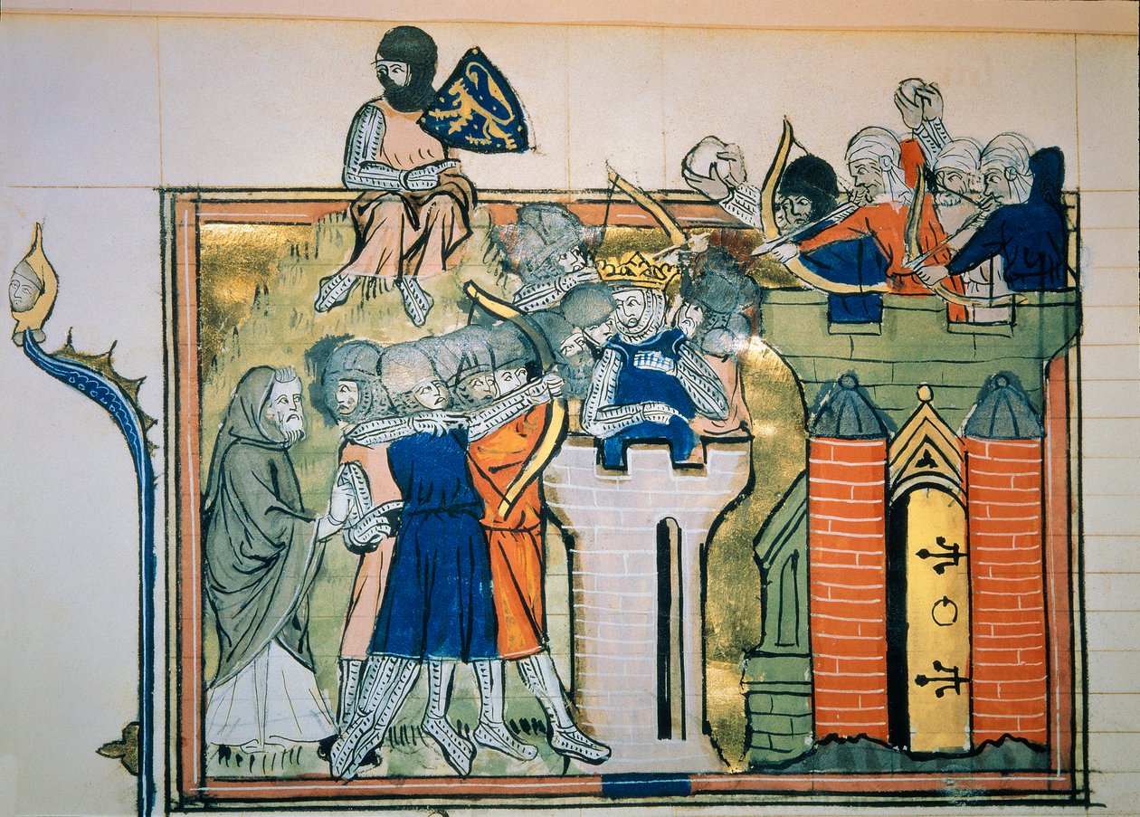 Primera cruzada: Godefroi (o Godefroy) de Bouillon (1058-1100) en una torre redonda atacó Jerusalén en 1099. Miniatura del “Roman De Godefroy De Bouillon et de Saladin” de Unknown artist