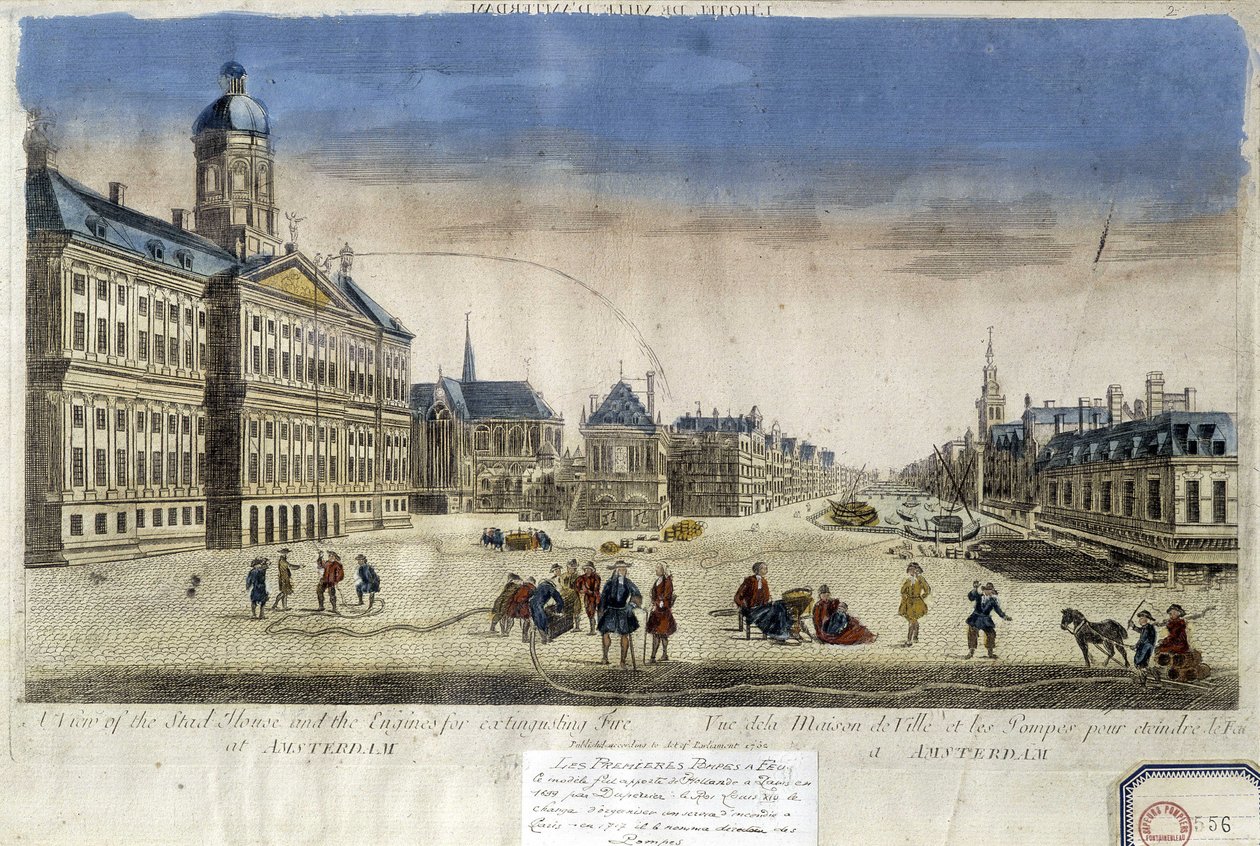 Primeras bombas de incendio frente al Ayuntamiento de Ámsterdam - Vista óptica de Unknown artist