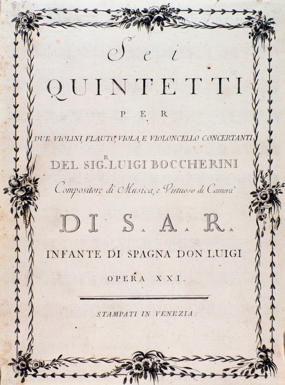Primera página de la partitura musical de "Sei quintetti per due violini flauto viola e violoncello" de Luigi Boccherini de Unknown artist