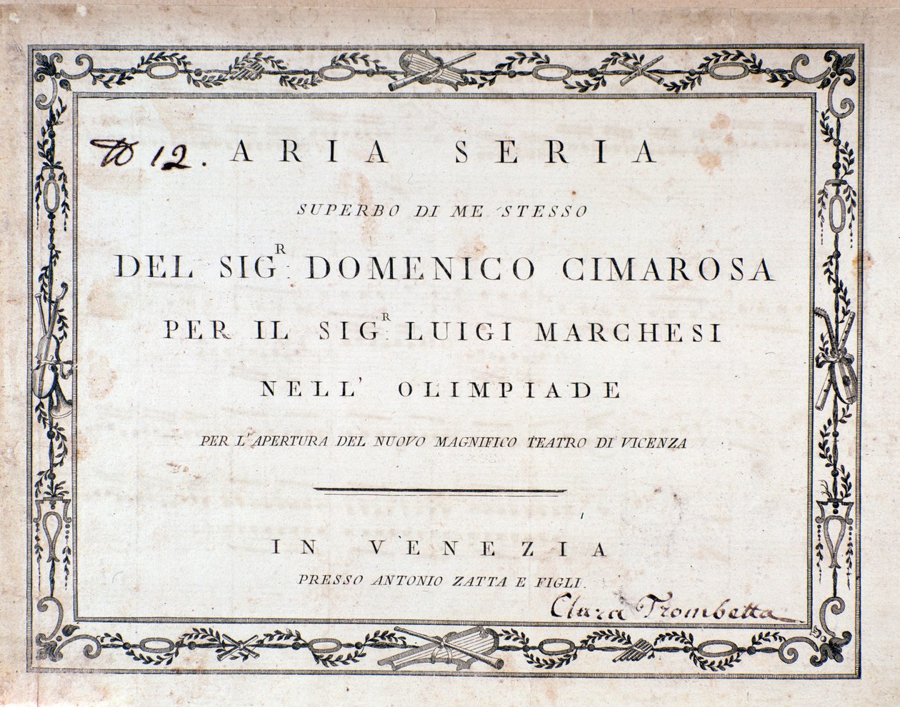 Primera página de la partitura musical de Aria Seria de Domenico Cimarosa de Unknown artist