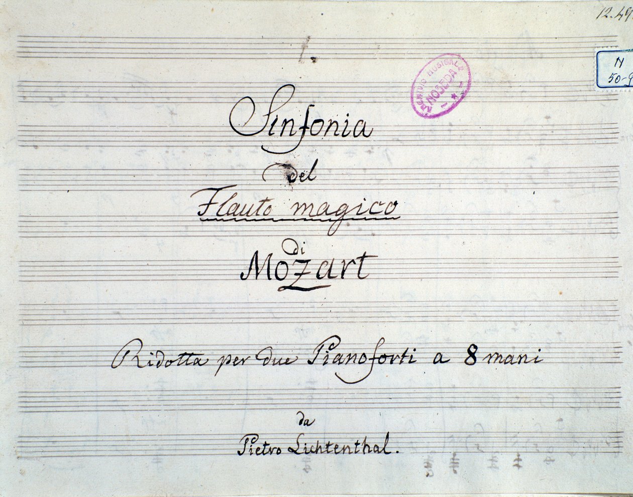 Primera página de la partitura de la sinfonía reducida a dos pianos y ocho manos de Die Zauberflöte, ópera de Mozart, versión de Lichtenthal (siglo XIX) de Unknown artist